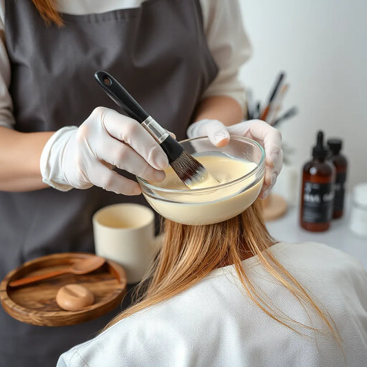 Gloved hands mixing professional hair dye in a salon bowl with a stylist tint brush