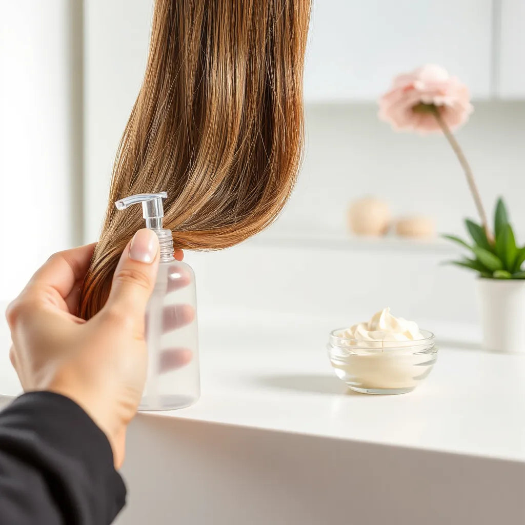 Glossy hair strand and a clear treatment bottle on a clean salon counter with soft natural lighting.