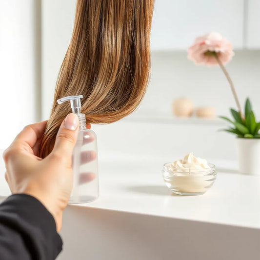 Glossy hair strand and a clear treatment bottle on a clean salon counter with soft natural lighting.