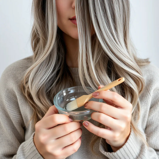 Person with grey strands blended smoothly, with dye tools and a mixing bowl in a salon setting