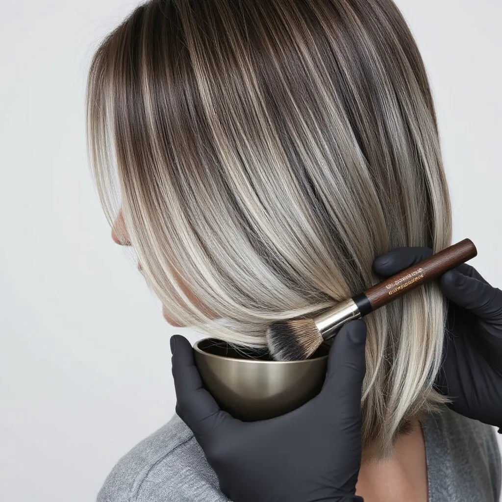 Woman’s hair with natural-looking grey coverage at the roots, with a stylist preparing color in the background