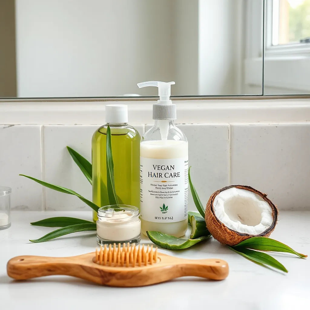 Plant-based shampoo, conditioner, and hair mask with fresh leaves on a clean bathroom countertop.