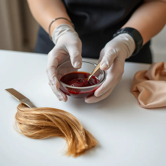 Gloved hands holding glossy hair dye with a comb and elegant hair color swatches on a clean counter