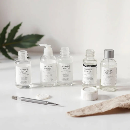 Assorted lash lift solutions and applicator tools arranged neatly on a clean beauty table