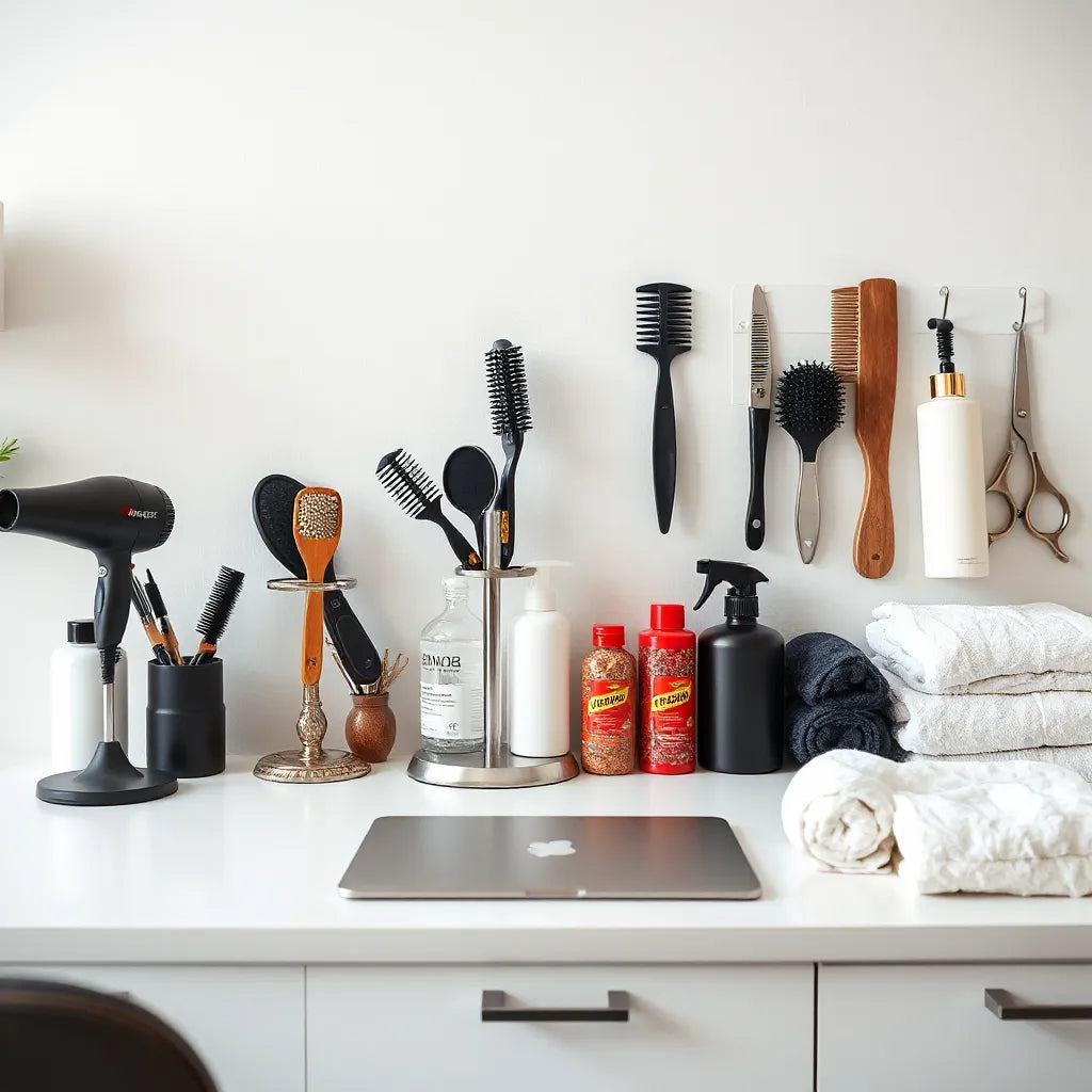 Organized professional salon station with styling tools, combs, scissors, and neatly folded towels