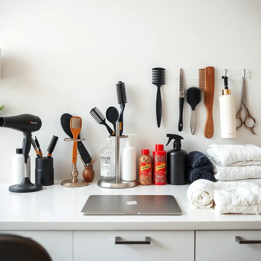 Organized professional salon station with styling tools, combs, scissors, and neatly folded towels