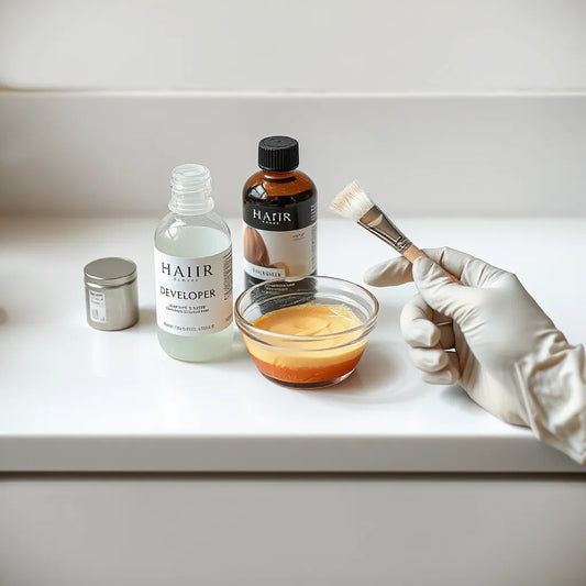 Hair dye bottles, a mixing bowl, and a tint brush on a clean vanity countertop