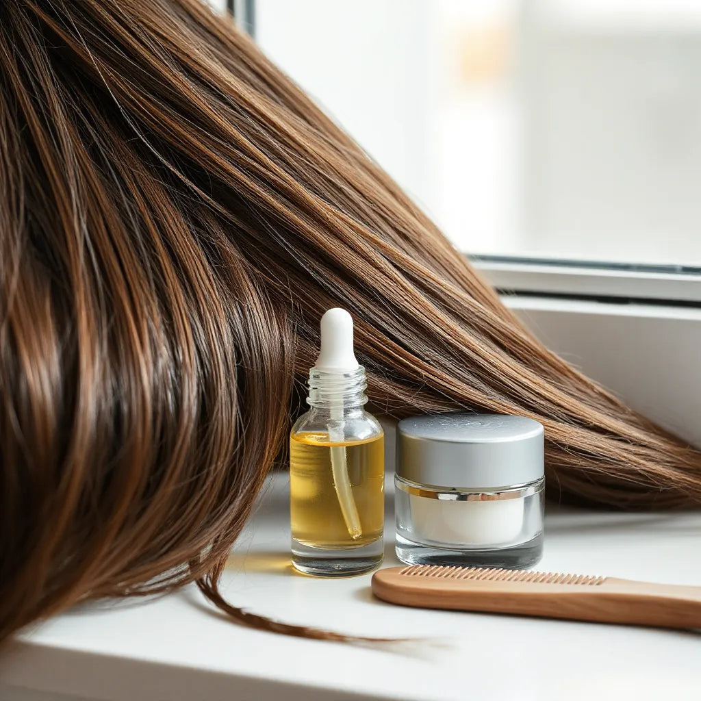 Nourishing hair treatment bottles and cream beside glossy, repaired-looking hair strands in soft light.