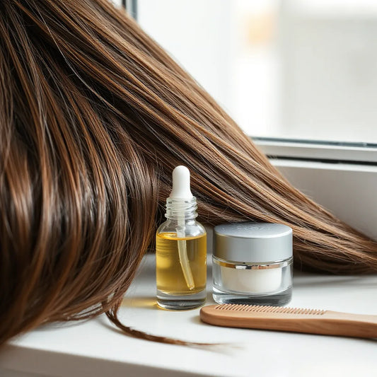 Nourishing hair treatment bottles and cream beside glossy, repaired-looking hair strands in soft light.