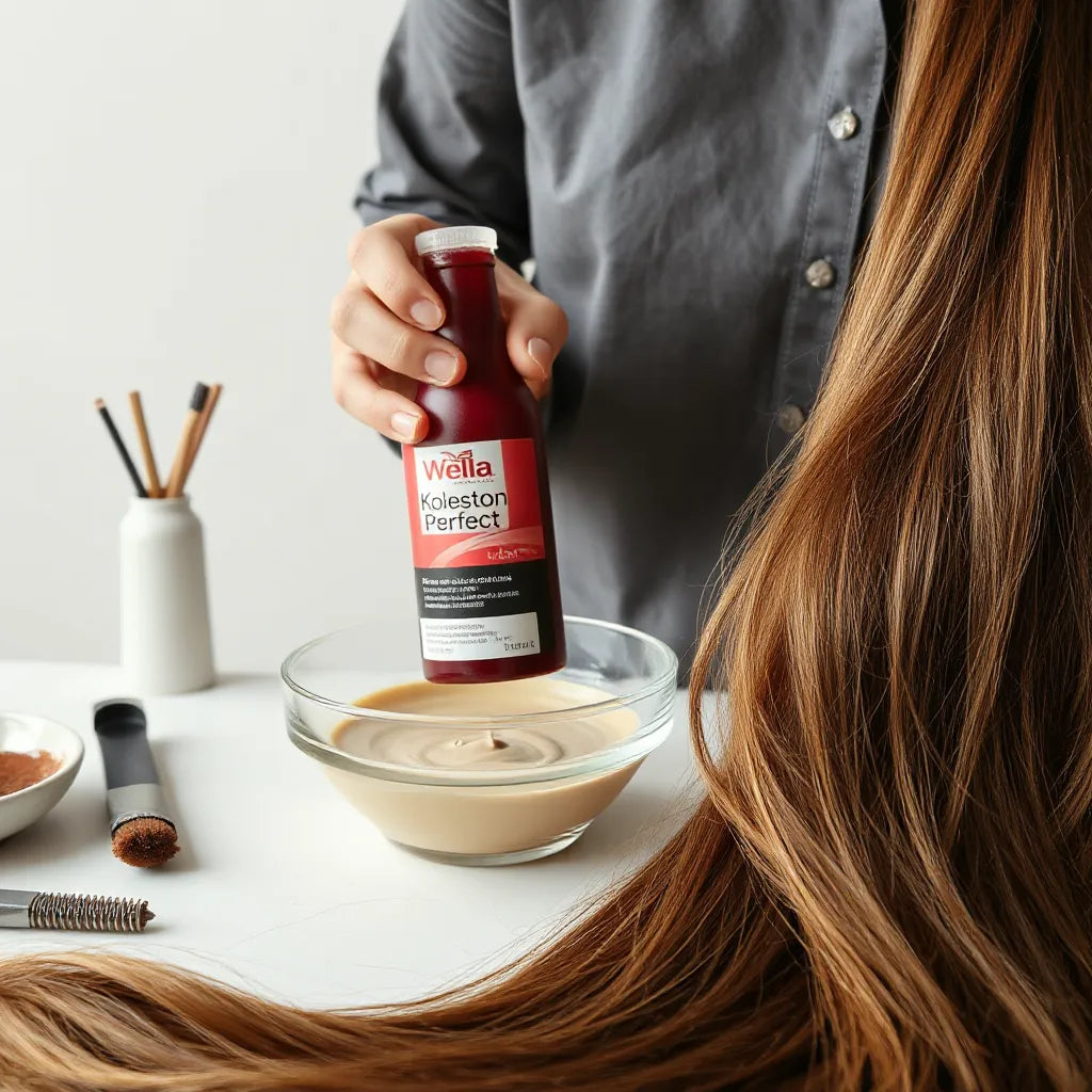 Stylist holding hair dye and mixing bowl beside rich-colored hair strands in a bright salon setting