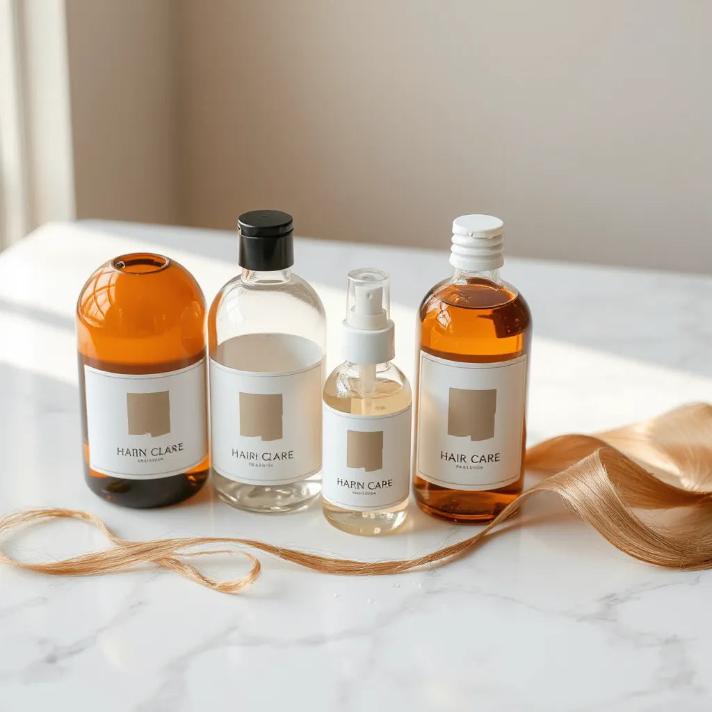 Assorted hair repair bottles with a few glossy strands on a clean marble surface in soft daylight