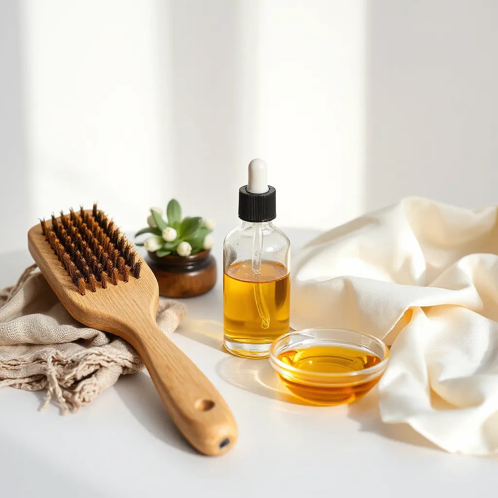 Hair care tools and nourishing oil on a vanity for supporting healthy natural growth