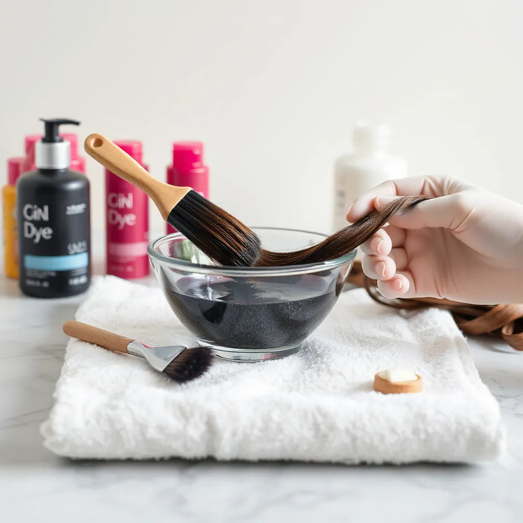 Hair dye bowl and brush with gloved hands applying color to a hair strand