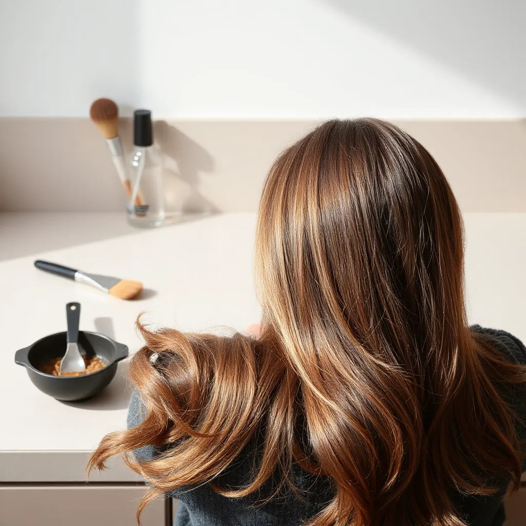 Glossy hair highlights with a vegan color bowl and brush on a clean countertop