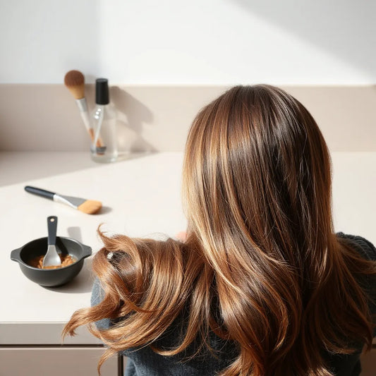 Glossy hair highlights with a vegan color bowl and brush on a clean countertop