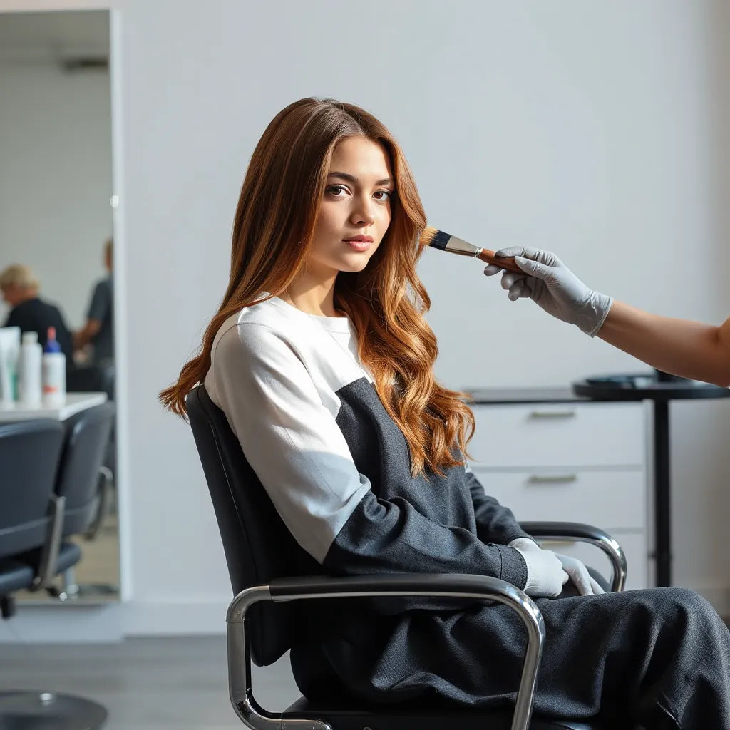 Stylist applying hair dye with a brush while vibrant coloured hair gleams under natural salon light