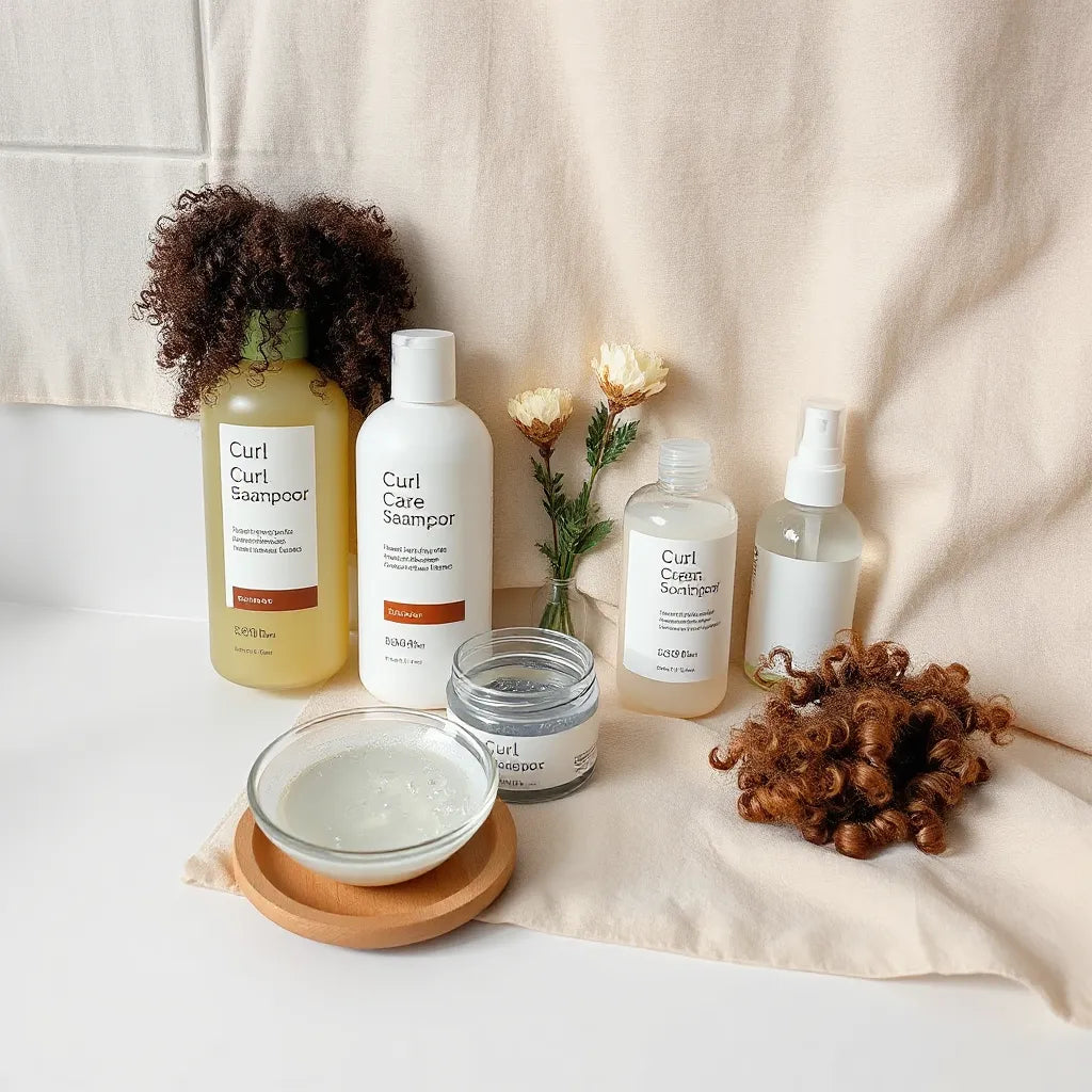 Assorted curl care products arranged beside soft natural curls on a clean vanity