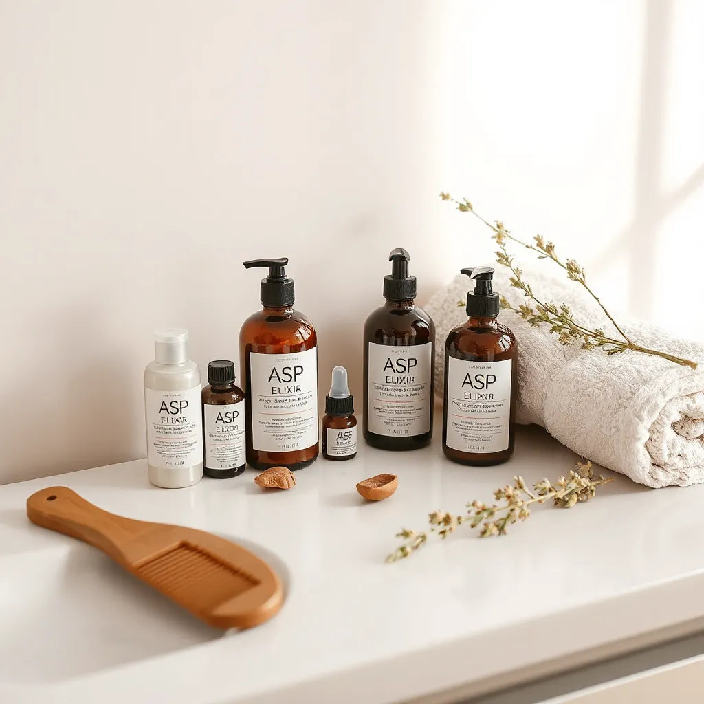 Assorted hair care bottles with a wooden comb and fresh botanical sprigs on a clean vanity
