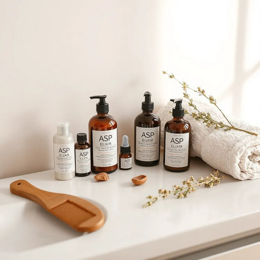 Assorted hair care bottles with a wooden comb and fresh botanical sprigs on a clean vanity
