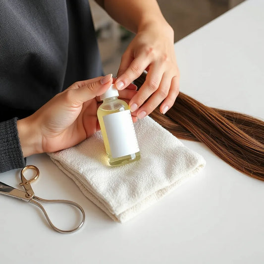 Stylish hands holding a hair treatment bottle with glossy hair strand and towel on a clean countertop