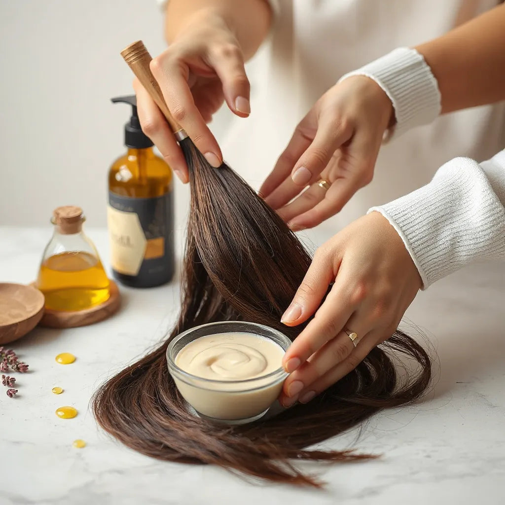 Glossy oil-enriched hair color being applied to a strand, with natural oils and dye bowl nearby