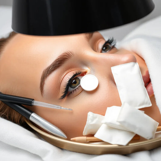 Close-up of eyes during a Korean lash lift with silicone pad and clean tools on a tray
