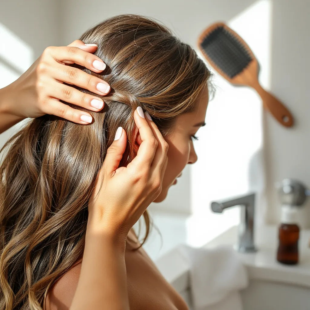 Person applying a soothing serum to a sensitive scalp with fingertips in a bright, minimal bathroom