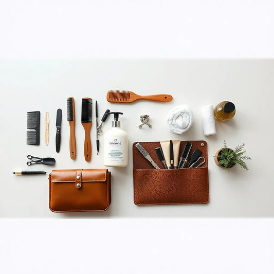Neatly arranged salon tools and professional hair care products on a clean neutral countertop
