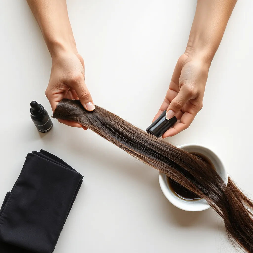 Glossy hair strand with a dropper bottle and dye bowl on a clean countertop