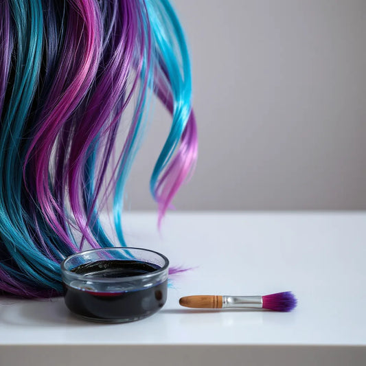 Vibrant dyed hair with a tint brush and bowl of hair color on a clean salon counter