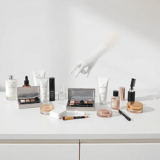 Curated professional beauty cosmetic sets arranged on a clean counter with soft lighting