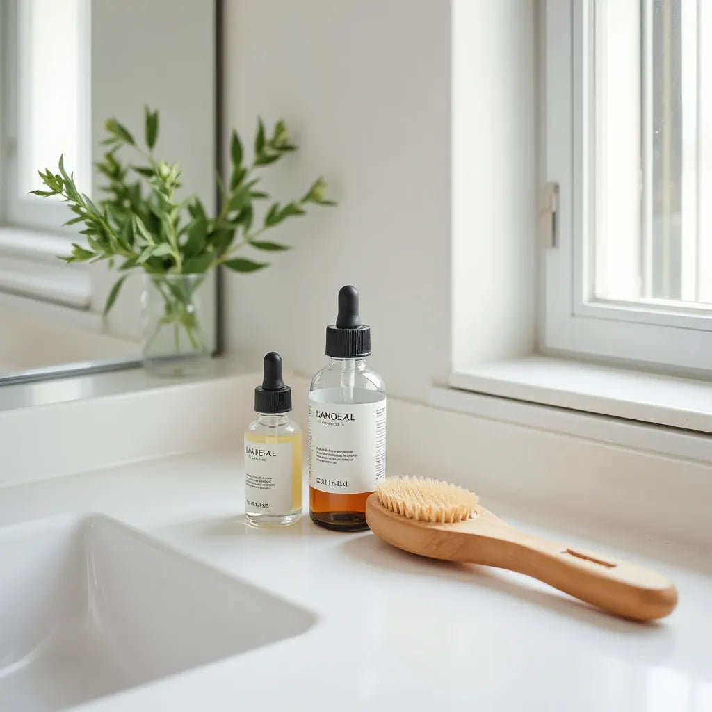 Hair growth serum bottles and dropper on a clean vanity beside a brush