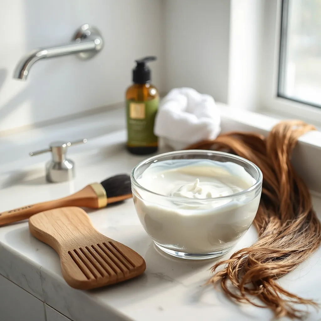 Creamy hair repair mask in a glass bowl with a wooden comb on a clean bathroom counter