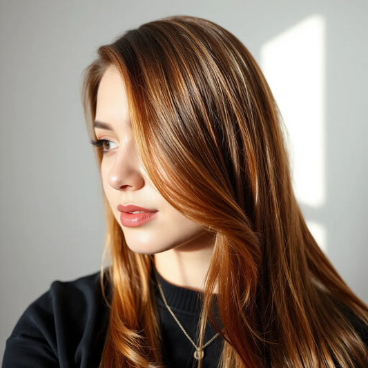 Glossy, vibrant radiant hair color with smooth strands catching soft light in a simple salon setting