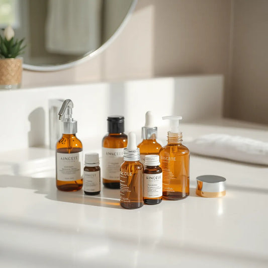 Minimalist skincare and hair-care bottles arranged on a clean vanity under soft natural light