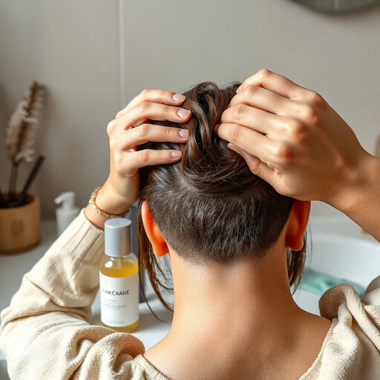 Close-up of hands applying a serum to the scalp while parting hair at the hairline