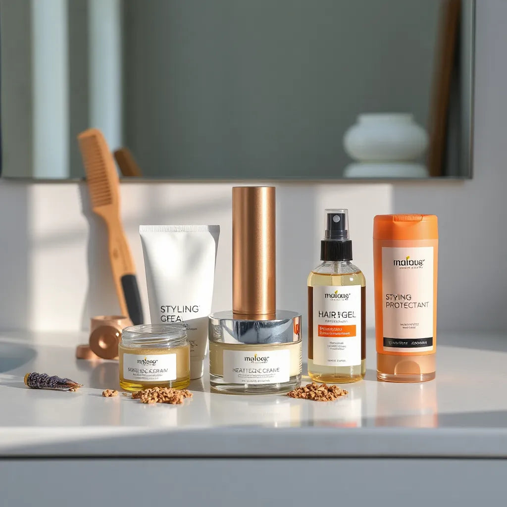 Assorted hair styling products arranged on a clean vanity with bottles and combs in soft light.