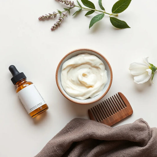 Hair mask, serum dropper, and comb arranged on a clean light background for damaged-hair care