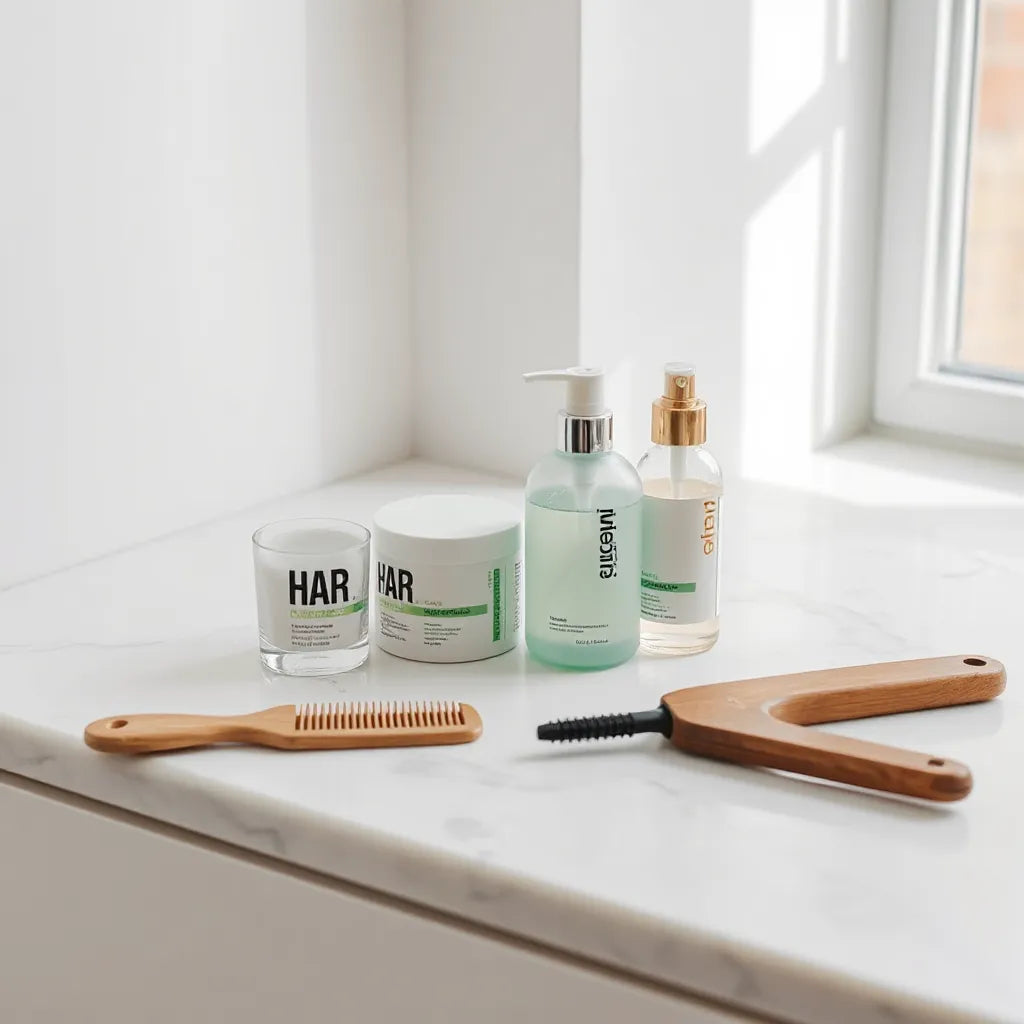 Assorted salon-style haircare products with comb and brush on a clean countertop