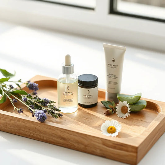 Organic skincare bottles and cream jar with fresh botanical ingredients on a wooden tray