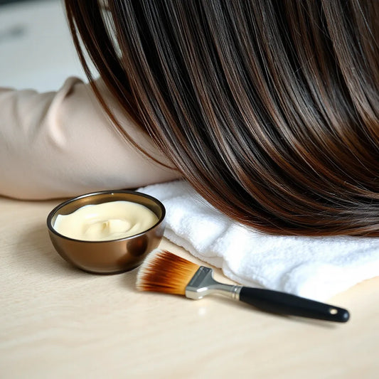 Glossy hair strands beside a tint brush and bowl of creamy hair dye in a clean salon setting