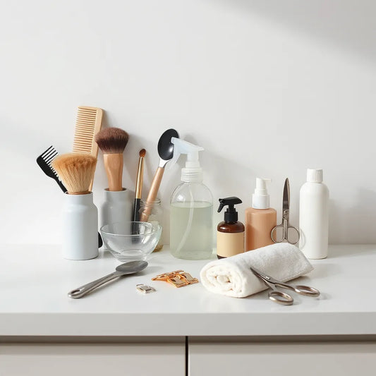 Neatly arranged professional hair and beauty tools on a clean countertop