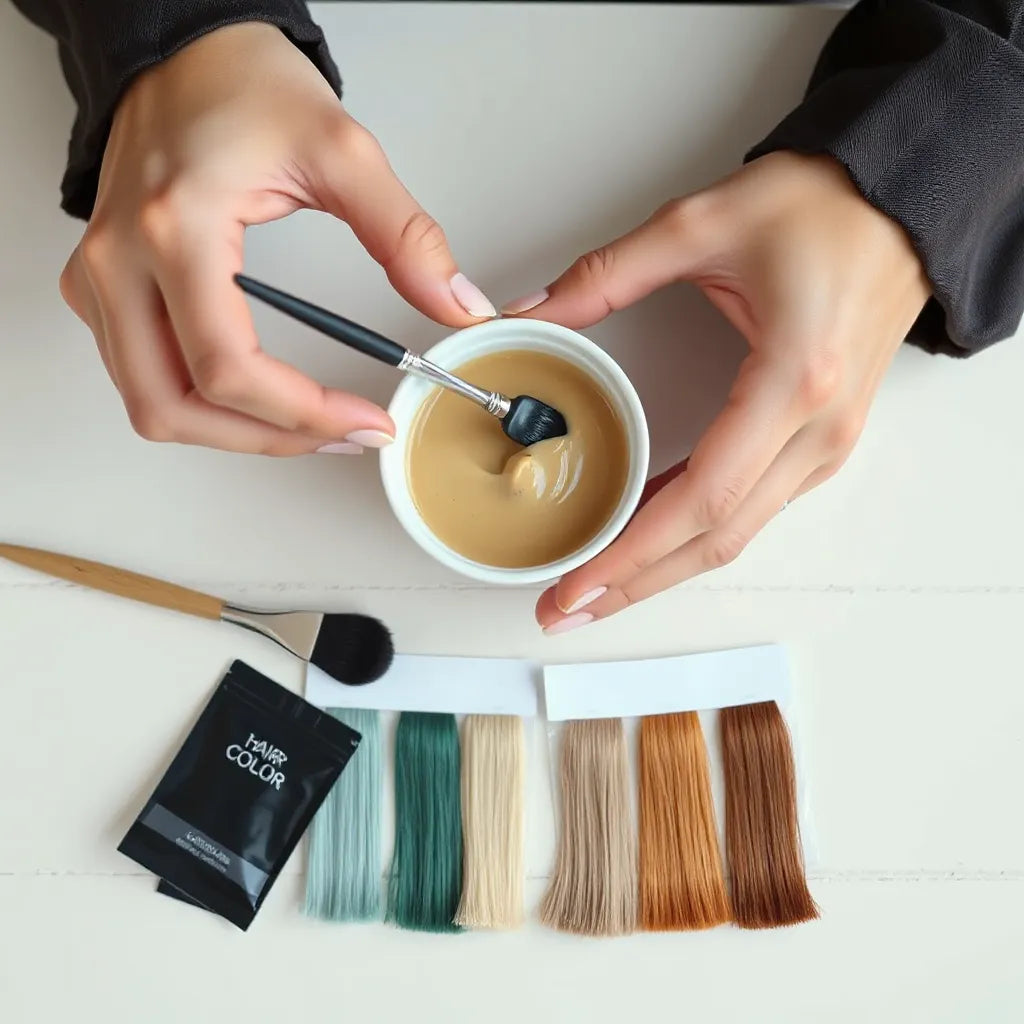 Hair dye bowl and tint brush beside color swatches for a professional salon finish