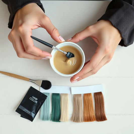 Hair dye bowl and tint brush beside color swatches for a professional salon finish