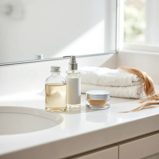 Elegant luxury hair care bottles and cream jar with soft natural light on a clean vanity