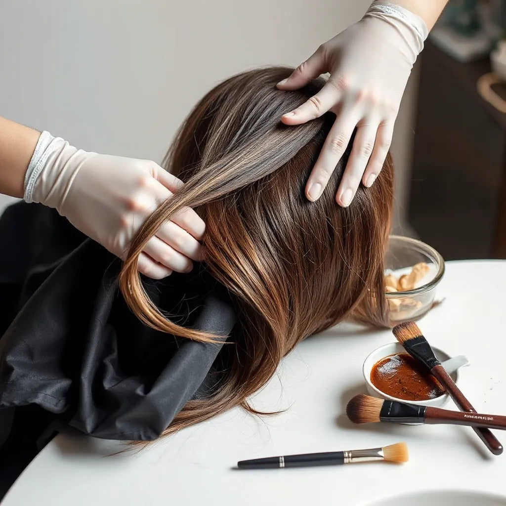 Stylist applying hair dye with a brush and bowl on a clean salon counter