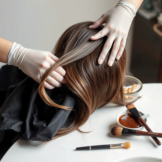 Stylist applying hair dye with a brush and bowl on a clean salon counter