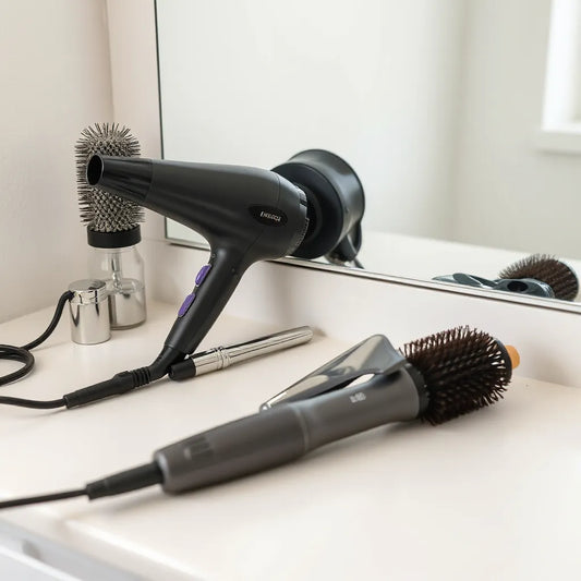 Common hair styling tools including a hair dryer, flat iron, curling wand, and round brush on a clean vanity
