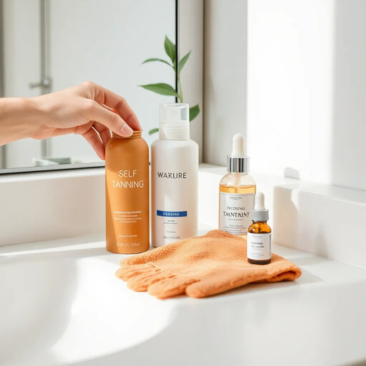 Assorted self tanning bottles and a tanning mitt on a clean vanity with natural light