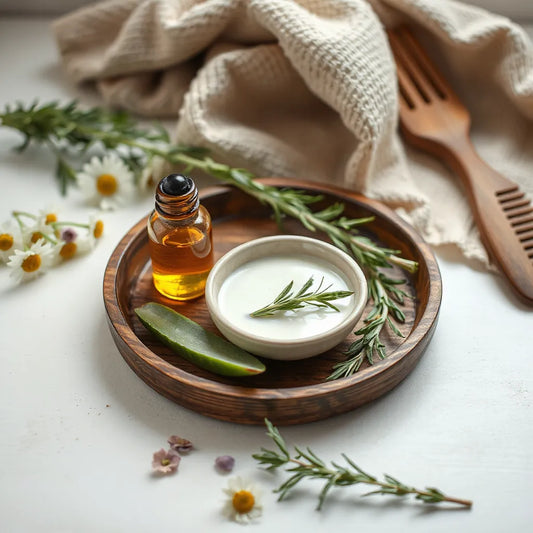 Glass dropper serum and botanical ingredients on a wooden tray for natural hair care